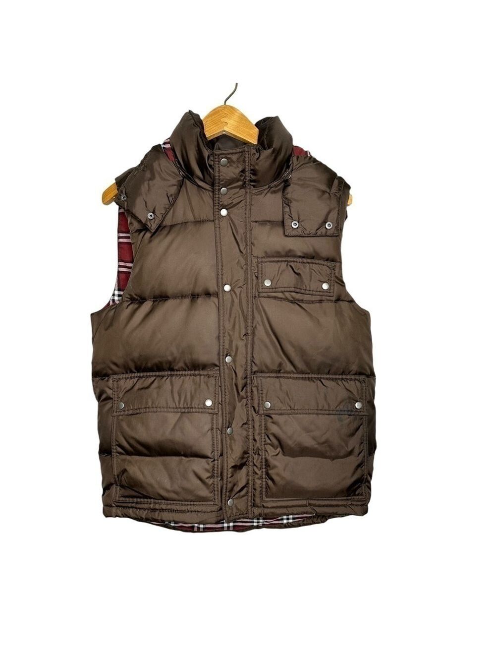 GAP Brown Puffer Vest Sleeveless Zip Up Snap Closure Hooded Size Small